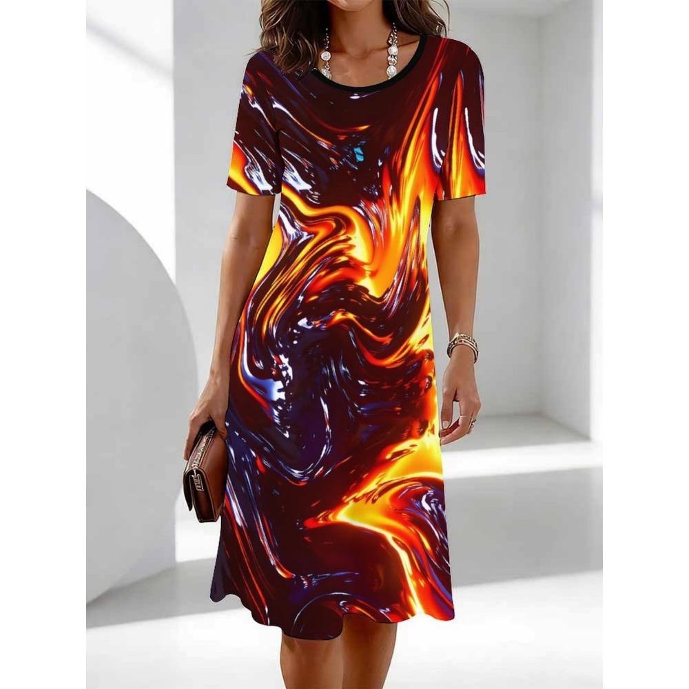 3D Color Tie-Dye Gradient Printed Dress, Summer Short Sleeve Round Neck Casual Mini Dress