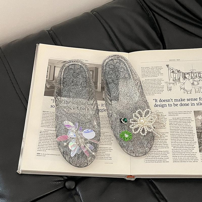 Fashion Versatile Sweet Baotou Slippers Women's 2025 Summer New Versatile Flat-bottomed Slippers Cute Pearl Bow