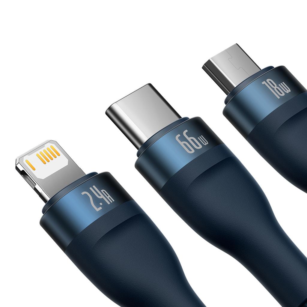 Baseus Flash Series II Universelles 3-in-1-Schnellladekabel USB-A auf USB-C/Micro-USB/Lightning, 66 W, 480 Mbit/s, 1,2 m, Blau