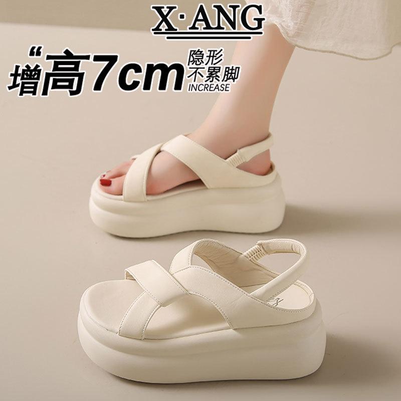 

7Cm heightening thick-soled small man leather soft-soled sandals women s 2025 new summer skirt Roman women s shoes 33