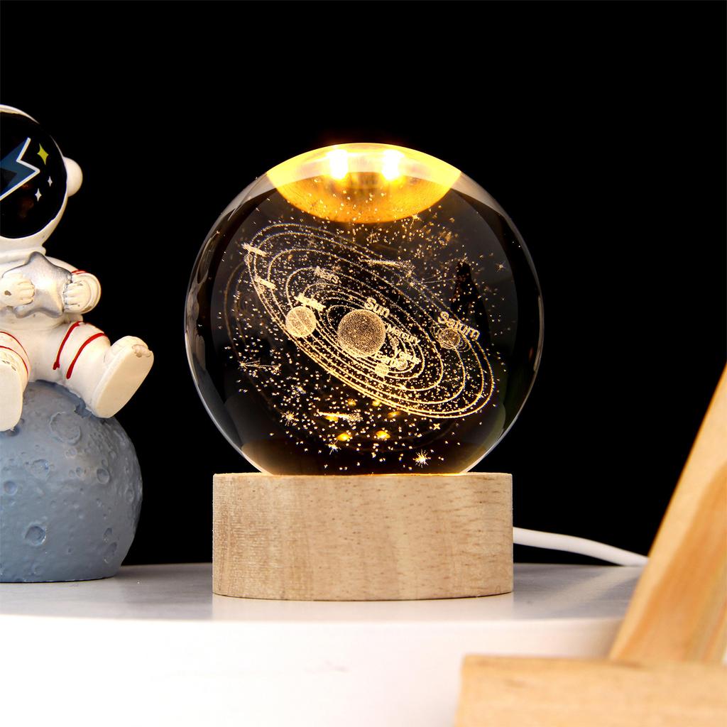 3D Crystal Ball with Warm Light Wooden Base Small Night Light Desktop Decoration Ornaments Holiday