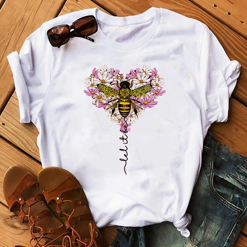 Cotton Tee Cotton 100% Women's Christmas Animal Flower Short Sleeve Bee Flower Print Oversized T Shirt Graphic Tshirts Tops Harajuku