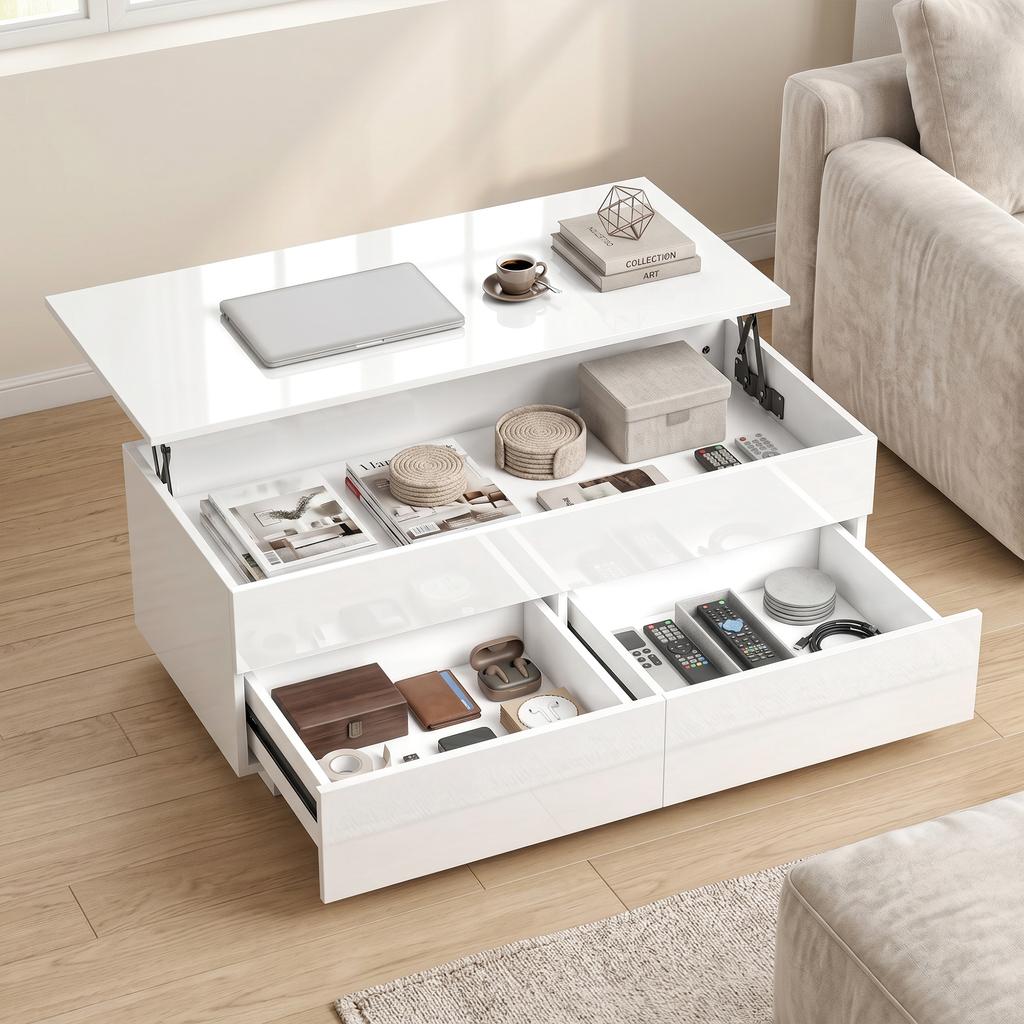 Coffee Table Height-Adjustable, Modern Living Room Table with Hidden Storage and 2 Drawers, High Gloss White