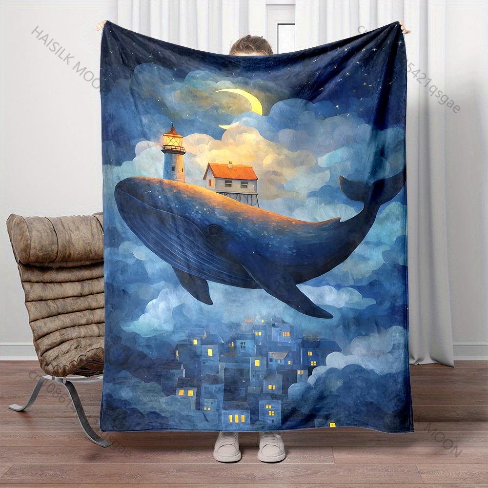 Whale carrying lighthouse in sky Print Blanket Warm Soft Fluffy Kids Adult Sofa Bed Throw Blanket Outdoor Travel Camping RV