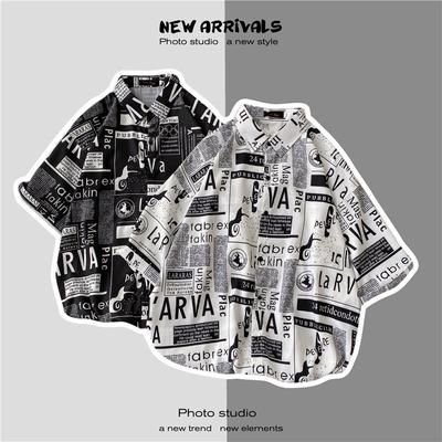 Men's Alphabet Newspaper Short Sleeve Shirts Casual Loose Blouse New Men's Shirts Fashion Trend Tops