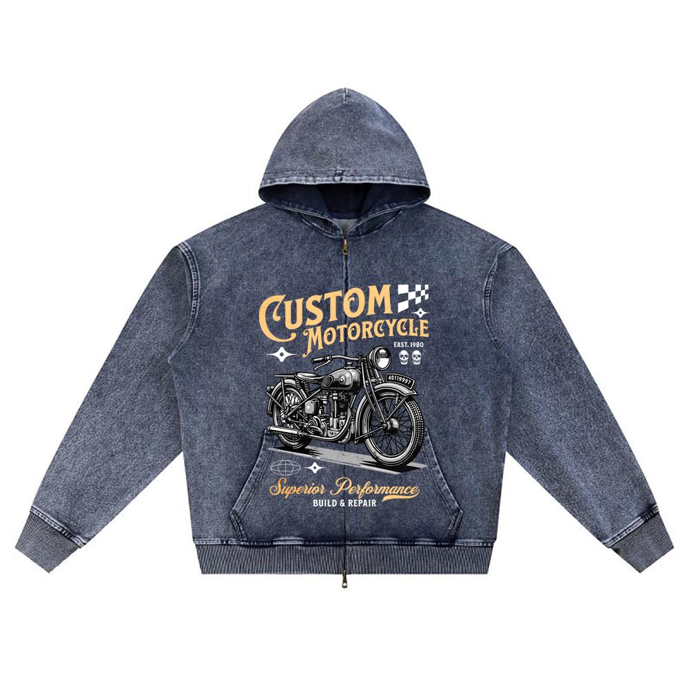 DTG Print Knitted Denim Zip-Up Hoodie Streetwear Motorcycle Brother Print Zipper Hoodies  