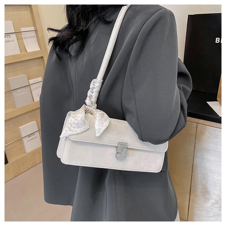 Fashionable Silk Scarf Faux Leather Shoulder Bag Trendy Baguette Square Purse for Women CLE
