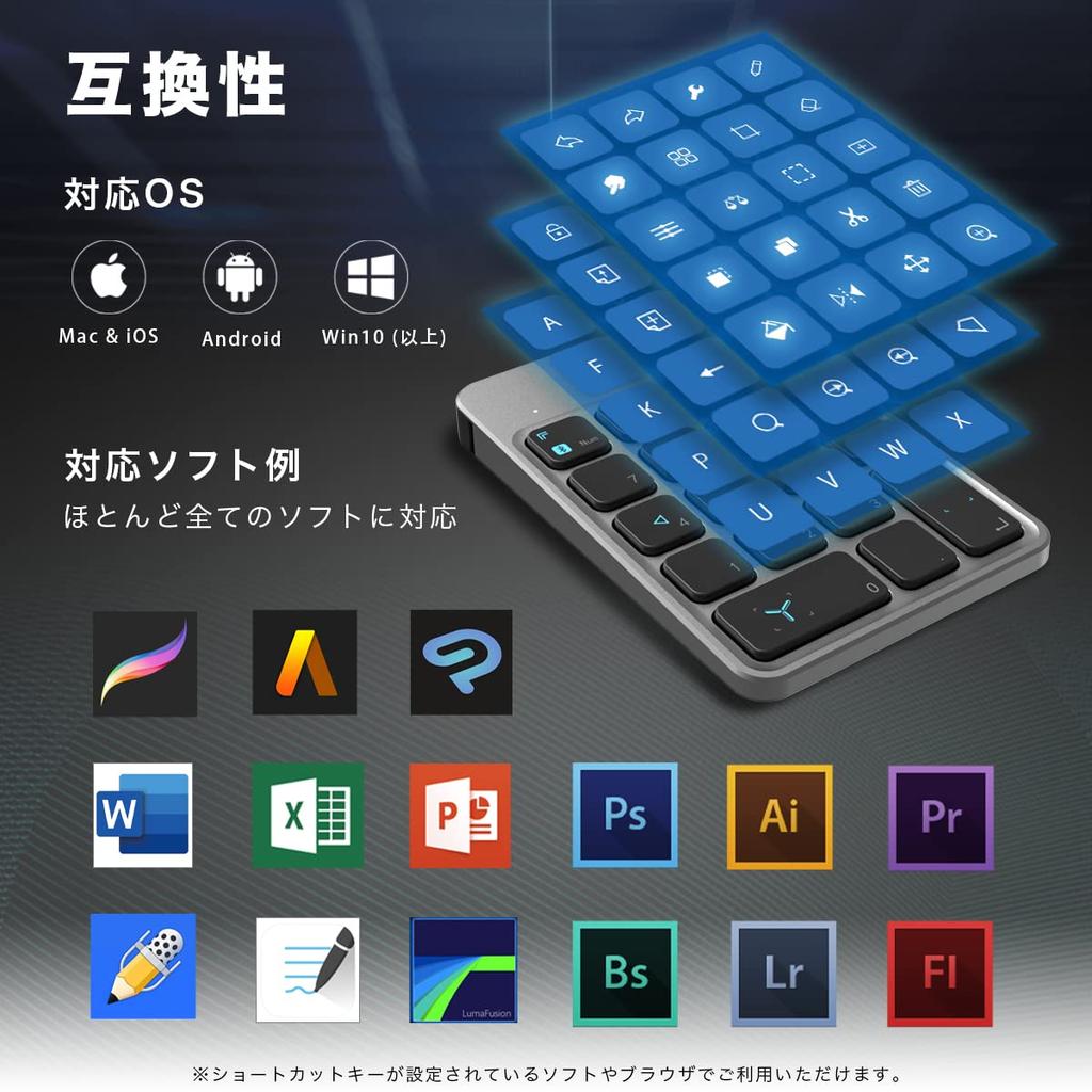 YesWord X-20 Left-Handed Device, Customizable Wireless Keypad, Illustration, Video, Image Editing, USB-C Charging