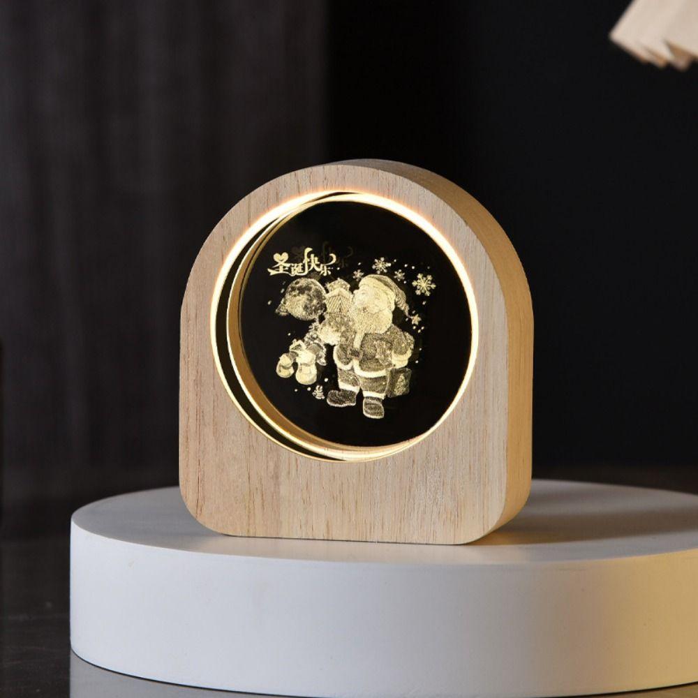 Warm Lights 3D Engraved Lamp Wooden Base Plug and Play Wood Crystal Night Light Decorative Laser Engraved
