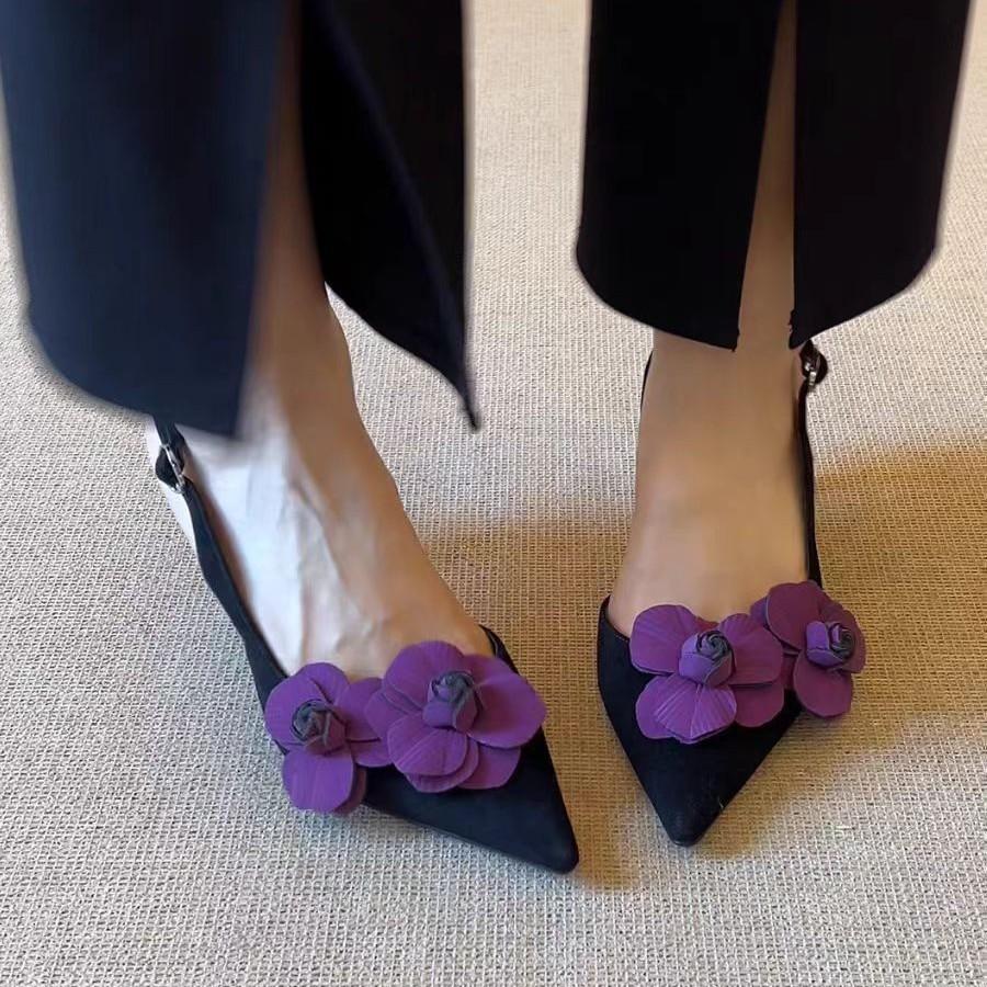 Baotou sandals Korean version pointed head shallow mouth thin heel empty sandals women's spring and summer new flower high heel Baotou women's sandals