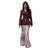 Elegant Satin Feel Tie Waist Long Dress Set for Women - Autumn 2024 Collection