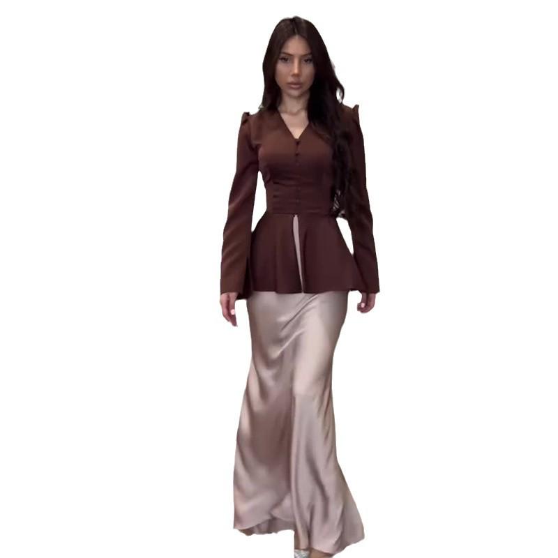 Elegant Satin Feel Tie Waist Long Dress Set for Women - Autumn 2024 Collection