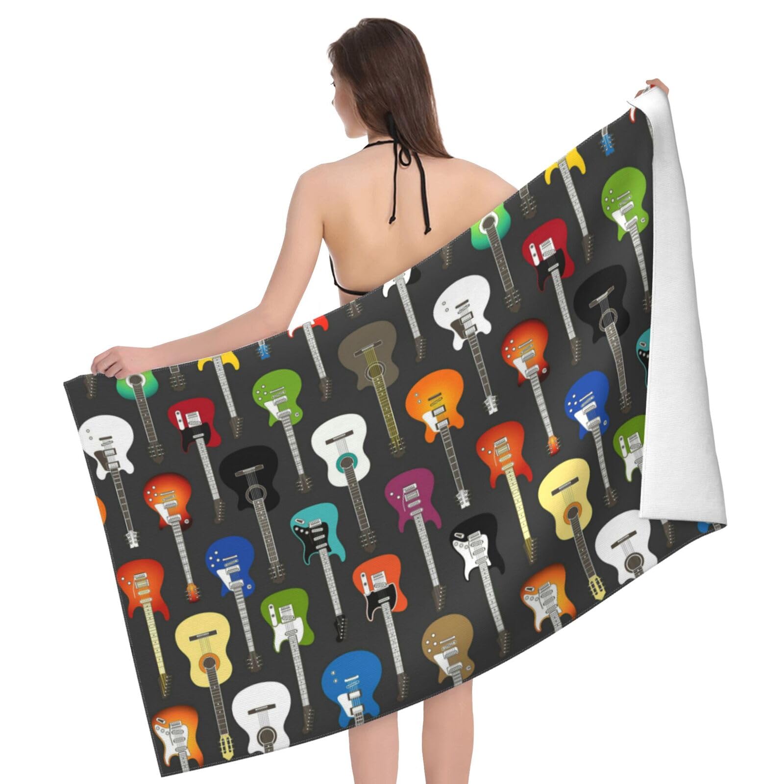 

Vintage Guitar Pattern Print Sand Free Beach Towel Quick Dry Absorbent Music Theme Bath Towel for Pool Swimming Bathroom Beach W30*H60(CM)