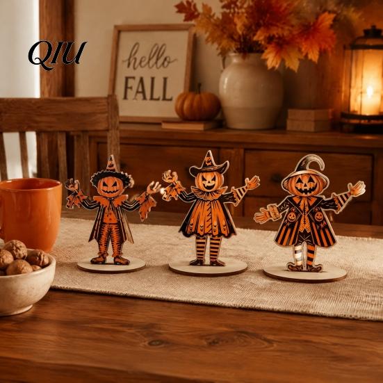 Rustic Fall Desktop Decor 3Pcs Wooden Pumpkin Scarecrow Ornaments, Halloween Table Centerpiece, Seasonal Decorative Wood Pieces Vintage Decoration for