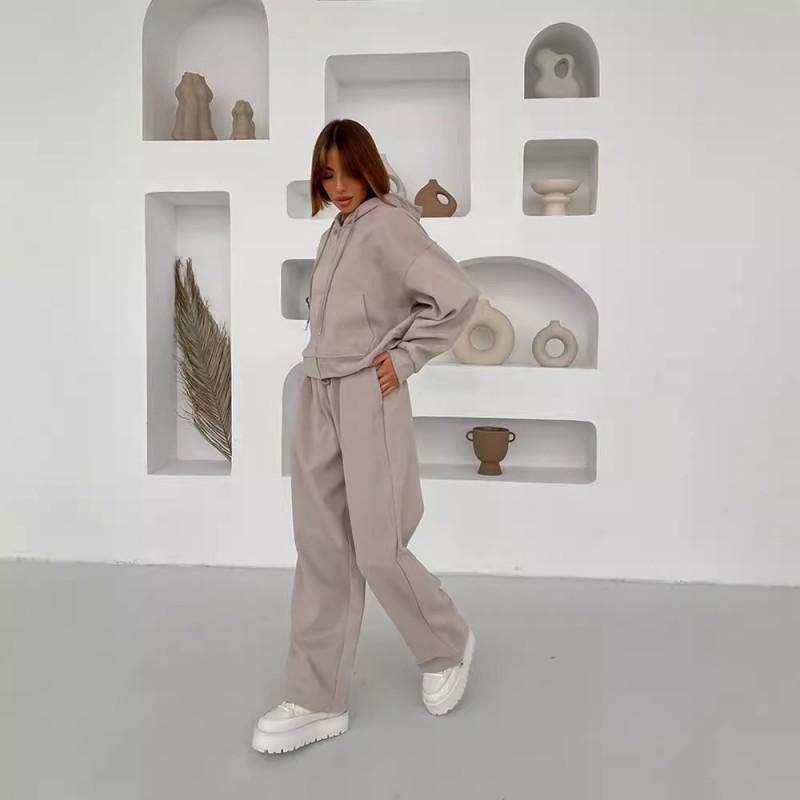 Womens Hooded Zip-Up Sporty Two-Piece Set With Drawstring Pants Casual Streetwear Outfit