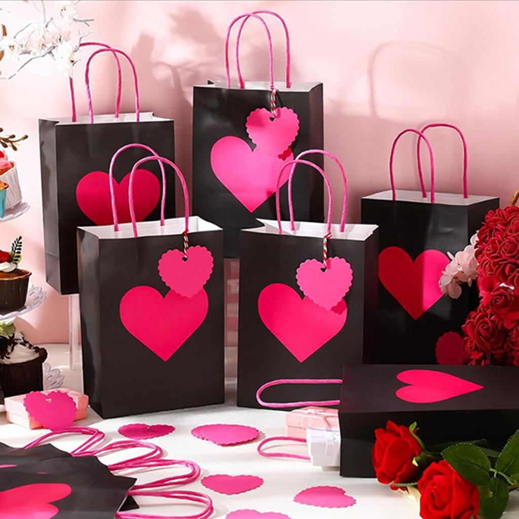10/12 Packs Valentine's Day Heart Gift Bags With Handles And Heart Tags Red Paper Gift Bags For Valentine Anniversary Wedding