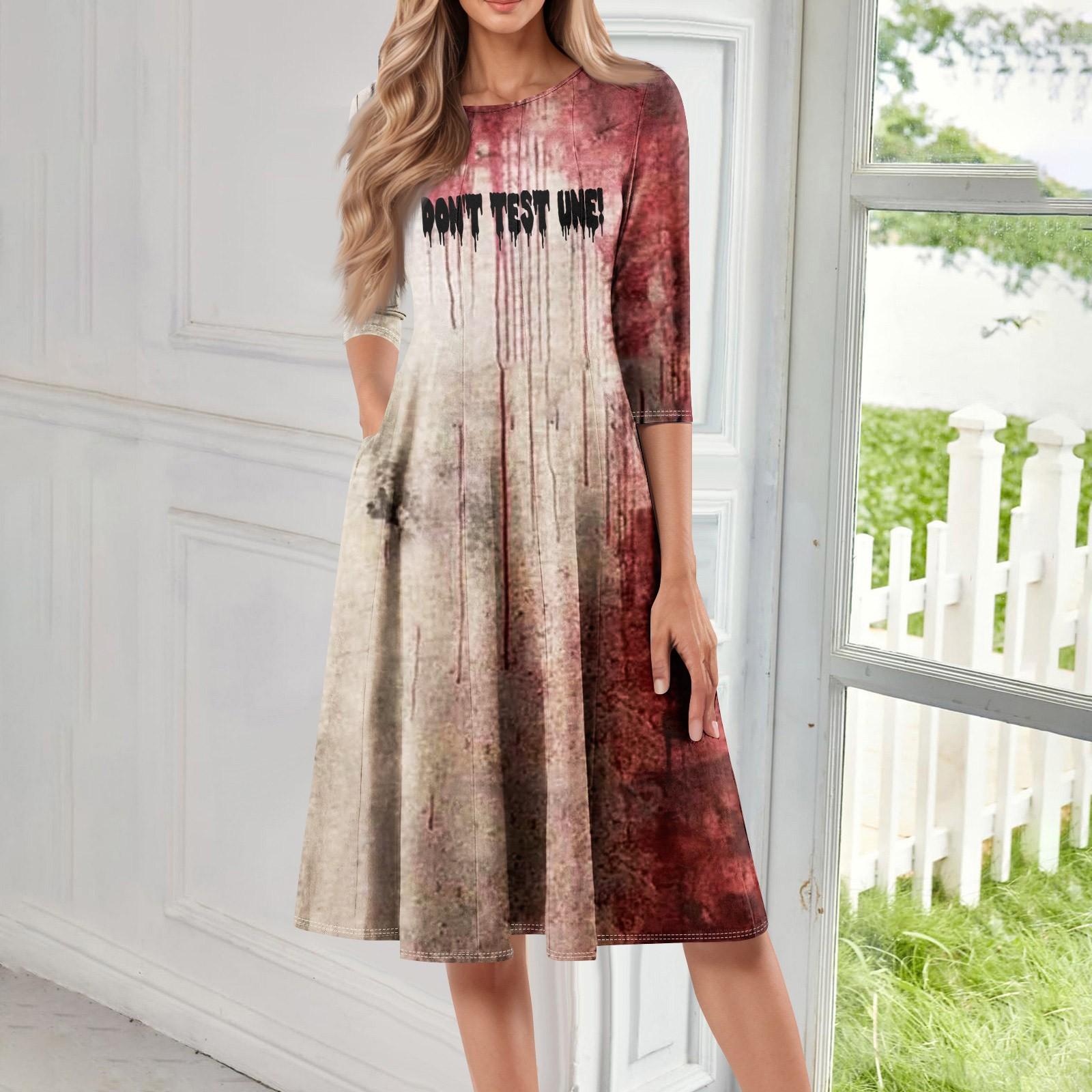 

Женское повседневное модное миди-платье с круглым вырезом, рукавом три четверти и принтом на Хэллоуин L