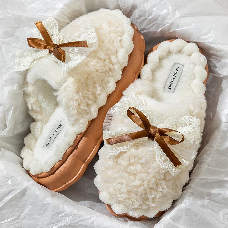 Sweet bow cotton slippers women's winter indoor home velvet warm non-slip cotton drag lady