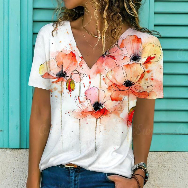 Plus Size 1XL-5XL Women's Summer V-neck Fashion Geometric Print T-shirt Women Casual Short Sleeved T-shirt