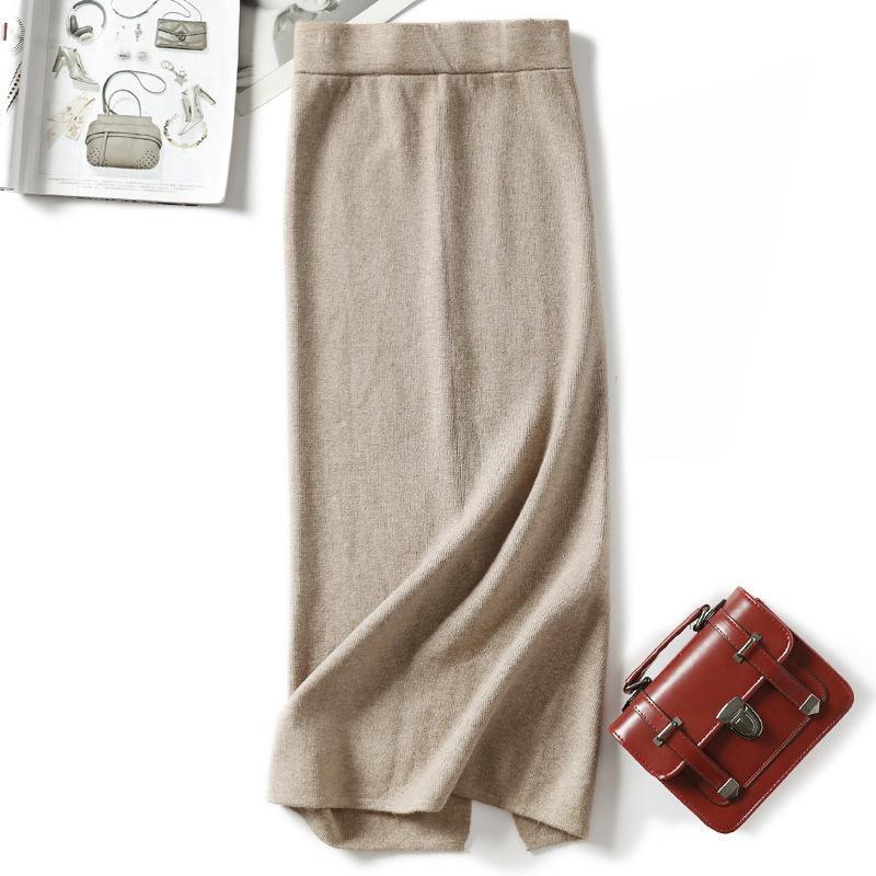 Qooth Women's Knit Pencil Skirt Mid Length Bodycon Slit Hem Fall Winter Fashion QT2783