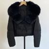 Womens Short Puffer Coat With Oversized Fox Fur Collar Warm Winter Outerwear Loose Fit Stylish Daily Wear