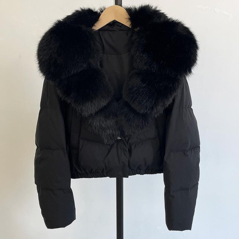 Womens Short Puffer Coat With Oversized Fox Fur Collar Warm Winter Outerwear Loose Fit Stylish Daily Wear
