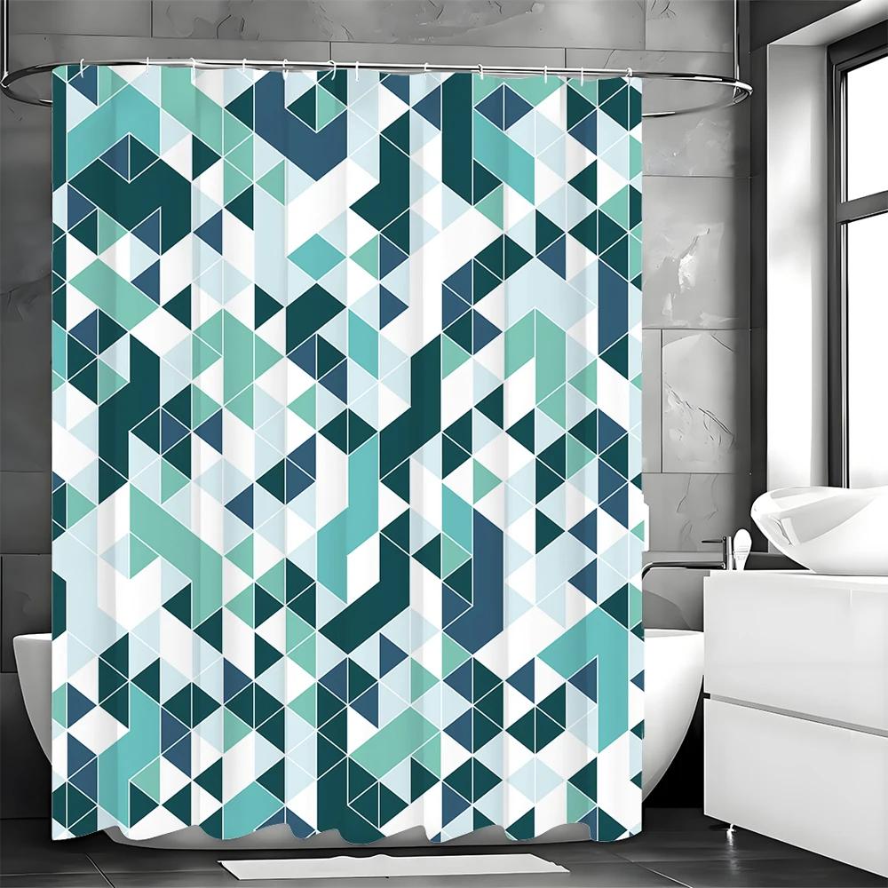 Creative Green Geometric Shower Curtain, Bathroom Decorative Shower Curtain, Waterproof Shower Curtain with Hooks