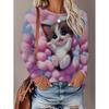 Womens Loose Fit Long Sleeve Round Neck Tee With 3D Peacock Cat Print - Milk Silk Fabric 2025 Casual Top
