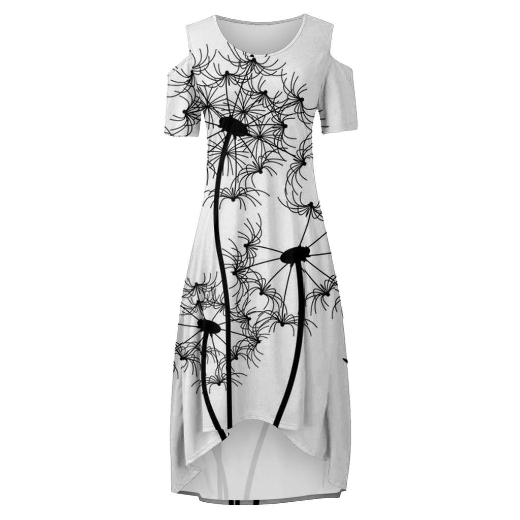 Women's Large Size Short Sleeve Fashion Floral Butterfly Print Round Neck Strapless Irregular Hem Dress