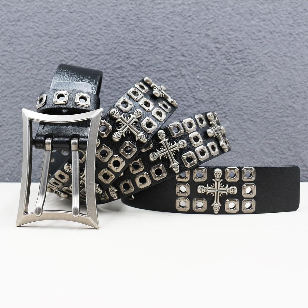 Heavy-Duty Cowhide Leather Belt with Double-Needle Rivets and Hollow Eyelets