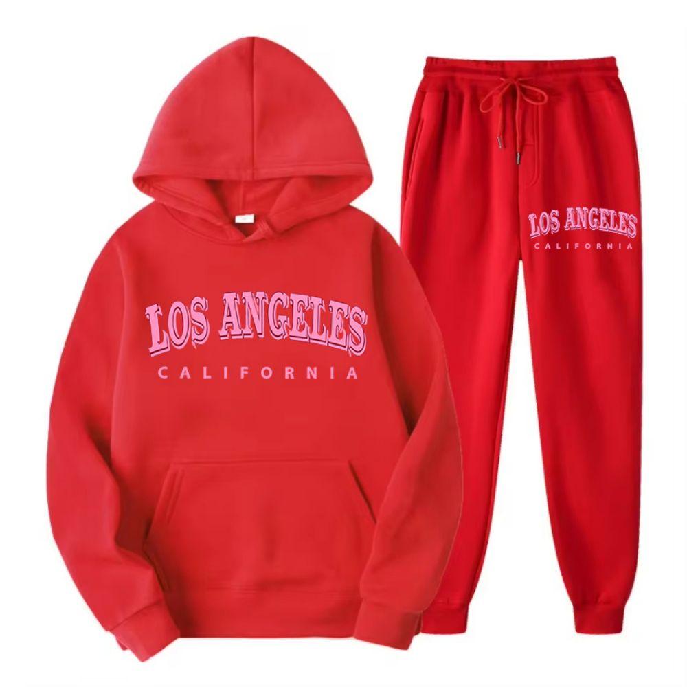 Two Piece Set Street Womens Hoodie & Pants Fleece Pocket Loose Pullover Los Angeles California Print Clothes