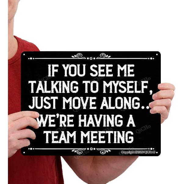 Funny Office Signs, If You See Me Talking To Myself We'Re Having A Team Meeting 12" X 8" Metal Hanging Sign, Suitable For Business, Office Decoration