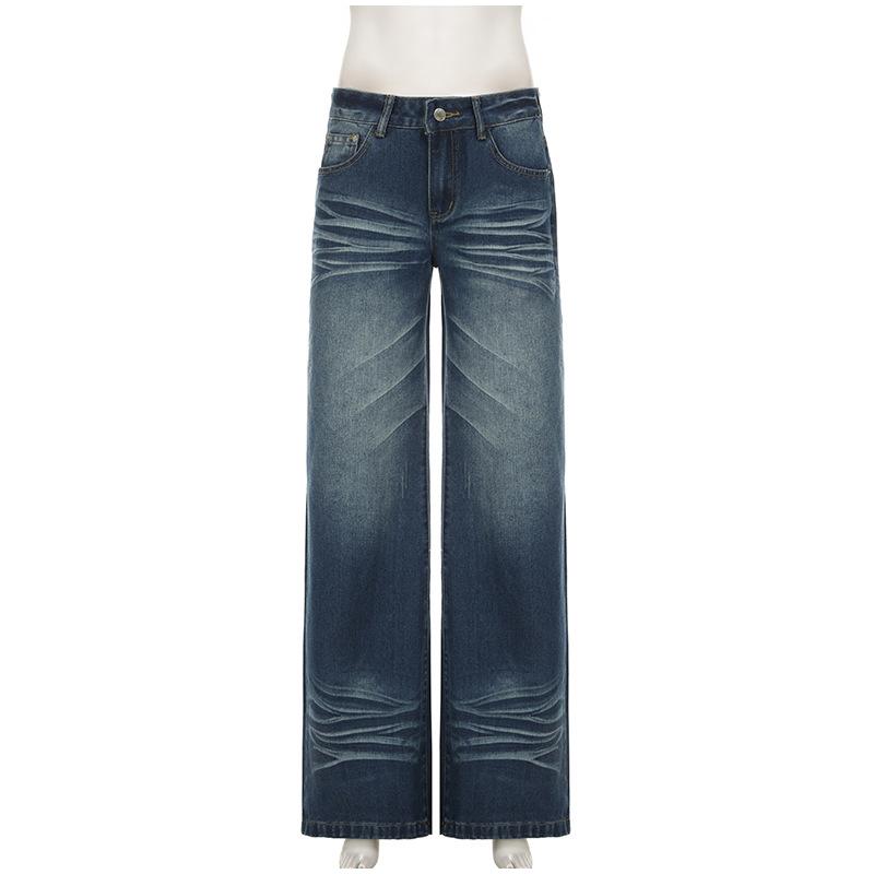 

Джинсы с карманами в стиле пэчворк, корейская мода, низкая посадка, повседневные прямые джинсовые брюки, потертые брюки Y2k для женщин, базовые однотонные джинсы L синий