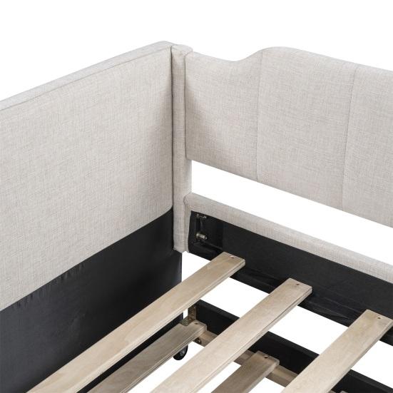 90x200cm Folding Bed Cotton Linen Fabric Day Bed with Pull-out Bed Headboard Strong Wood Slat Support Bed Home Furniture,