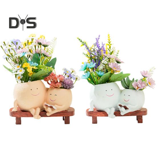 Smile Face Planter Resin Reading Lady Head Girl Face Flower Pot Double Head Succulent Planter with Drainage Hole for Home Office Balcony