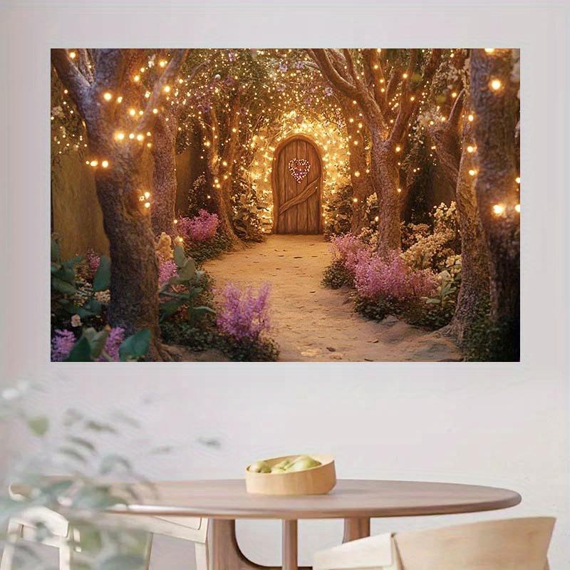 1pc Magic Garden Background Fabric, Featuring Wooden Doors, Vivid Flowers and Tree-shaped Arches - Polyester Material