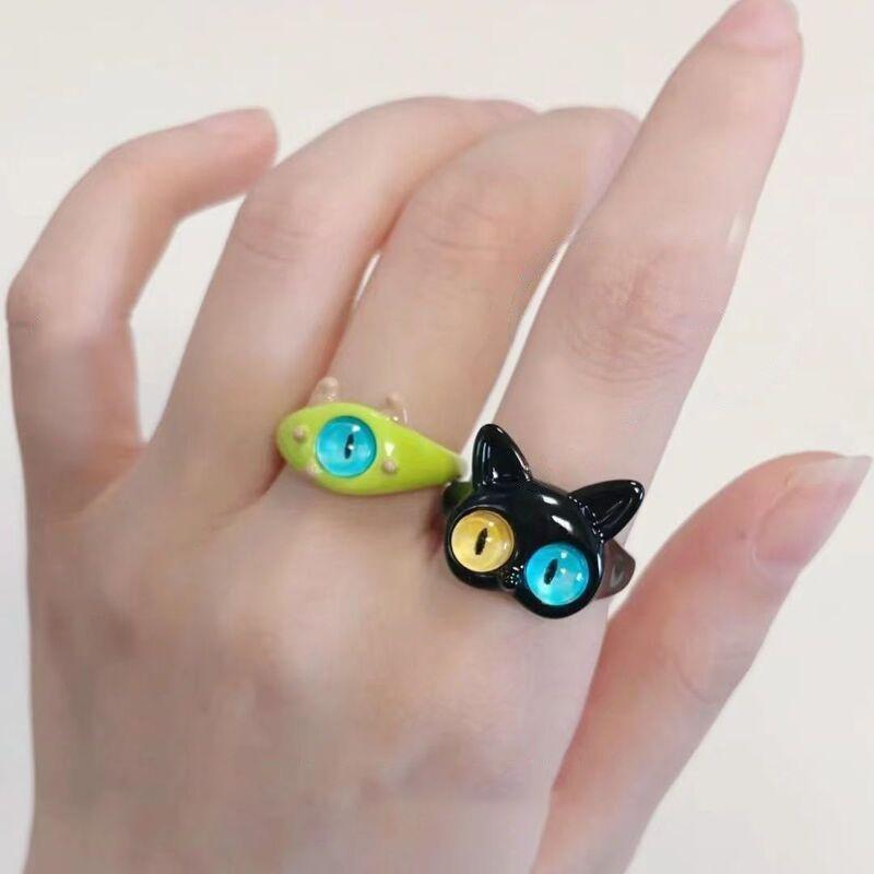 Cute Green Monster Rings Women Sweet Two Color Cat Eyes Open Couple Ring Wedding Finger Accessories Jewelry Gift