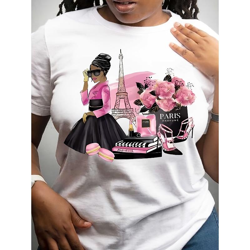 

European Size Women s Paris France T-Shirt with Eiffel Tower Print & French Lettering 4XL білий