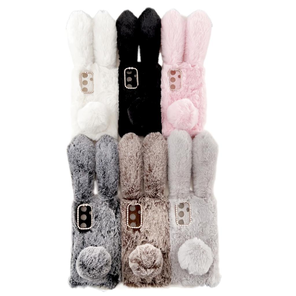 For Samsung Galaxy S24 Case 3D Bunny Ears Soft Furry Hairball Fuzzy Phone Cover