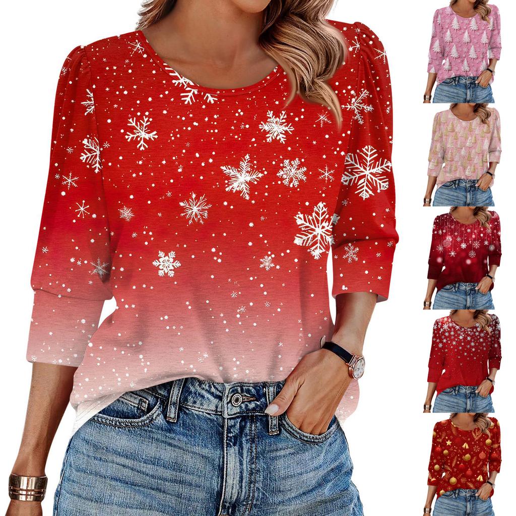 Women's Fashion Casual 3/4 Christmas Print Color Shirt Women's Round Neck Tops