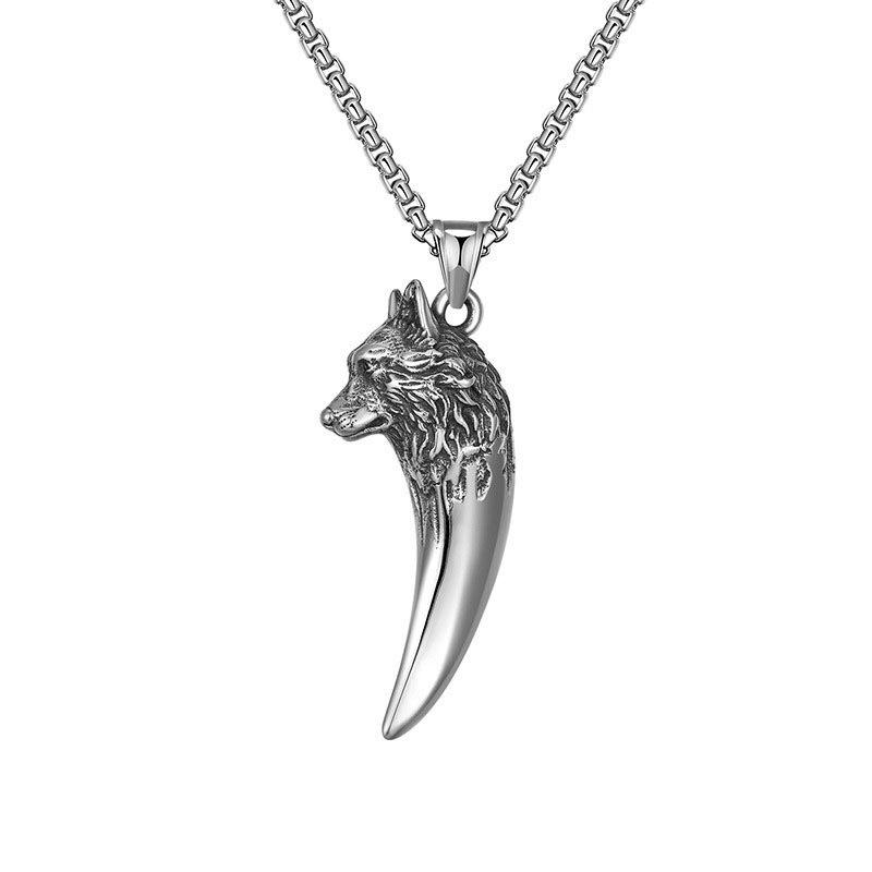 Men s Silver Wolf Head Pendant Necklace - Retro Hip Hop Style with Tooth Charm and Sweater Chain головы волка