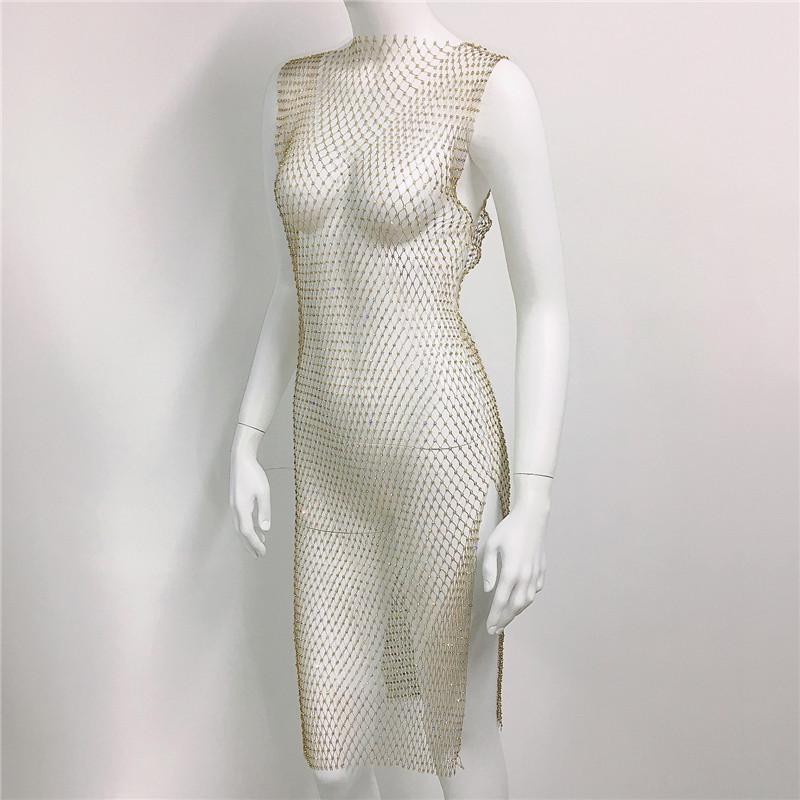Crystal Diamond Beach Dress Women Sexy V Neck Hollow Out Rhinestone Sleeveless Bodycon Dress 2021 Mesh Party Dresses #0729