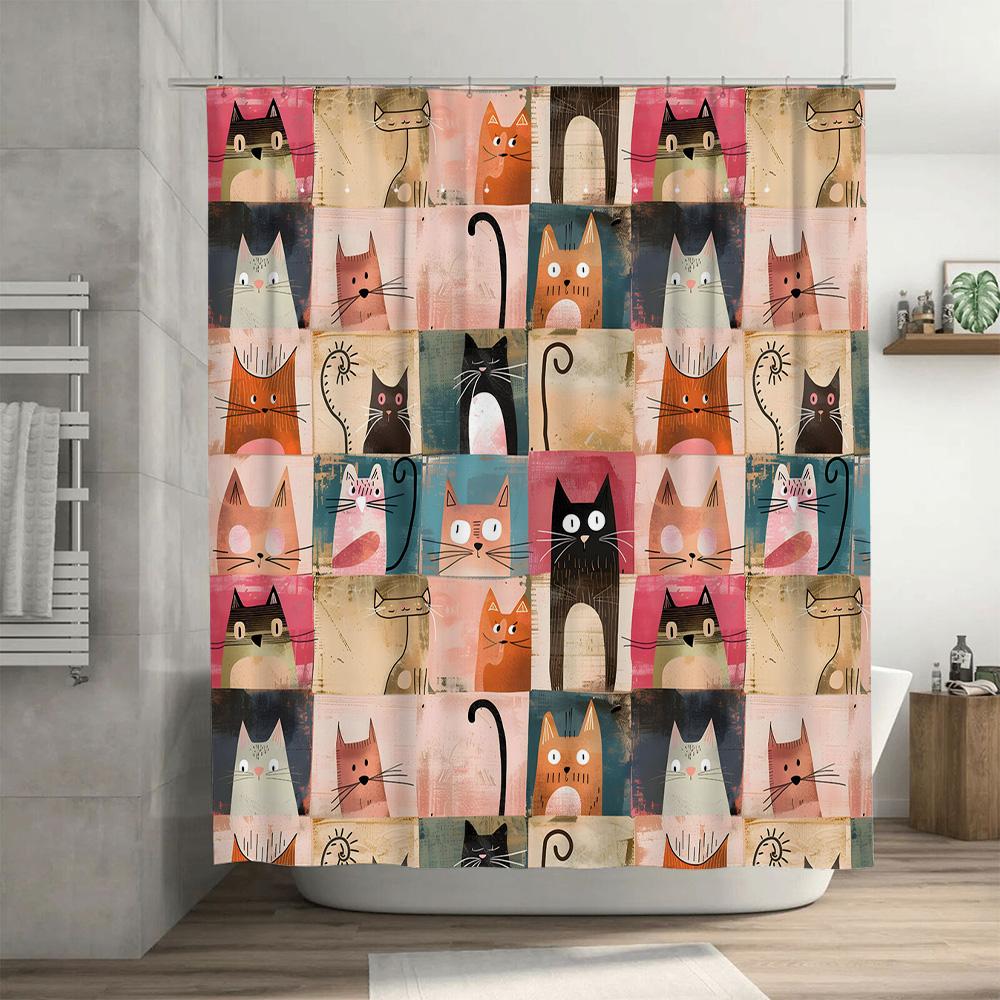 Vintage Style Cat Pattern Shower Curtain Modern Bathroom Decor Waterproof Fabric Wall Hanging Various Colors Available
