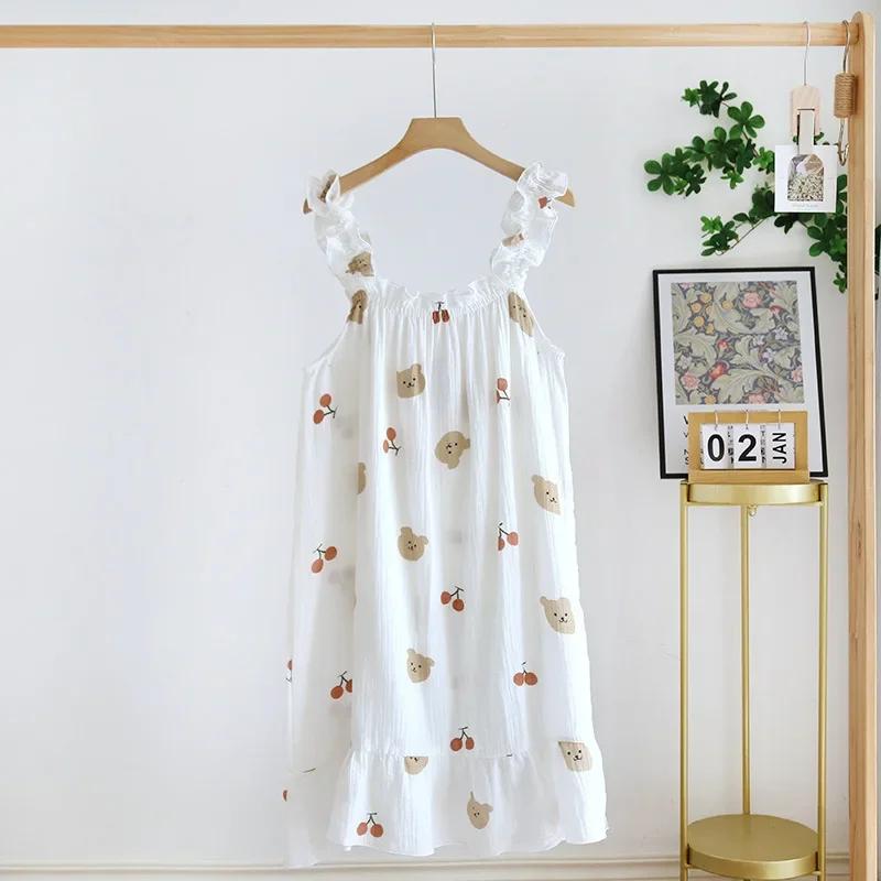 Ladies Summertime Cotton Yarn Pure Cotton Thin Suspender Nightdress Loose Mid-length Sweet and Lovely Long-cut Home Dress Camisola Sexy
