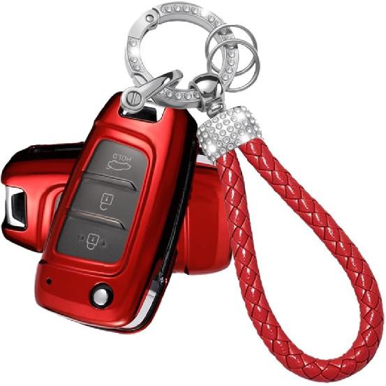 Key Fob Cover Case Compatible with Hyundai Venue Accent Kona SE Santa Fe Palisade Key Shell Protector with Bling Keychain 3 Button B Red