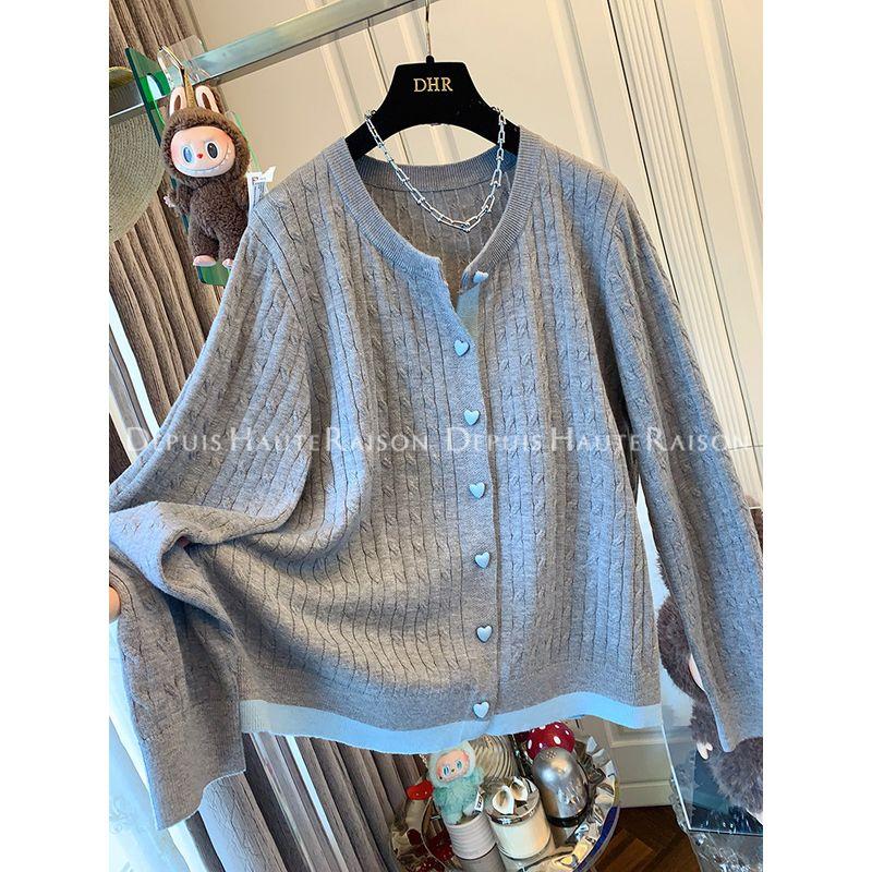 Zdm Plus Size 150kg Heart Button Twist Color-Block Fake Two-Piece Knit Sweater Women s Casual Cardigan Jacket Gray 2XL