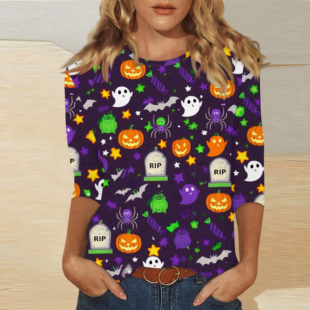 Women's Fashion Casual Three-quarter Sleeve Halloween Printed Round Neck Top