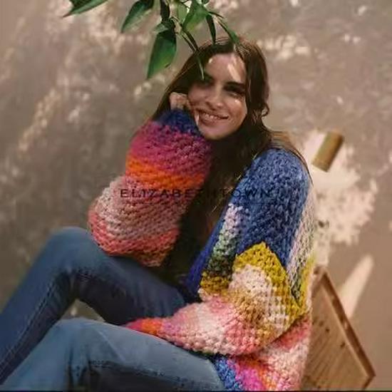 Women's Handmade Chunky Knit Rainbow Stripe Cardigan