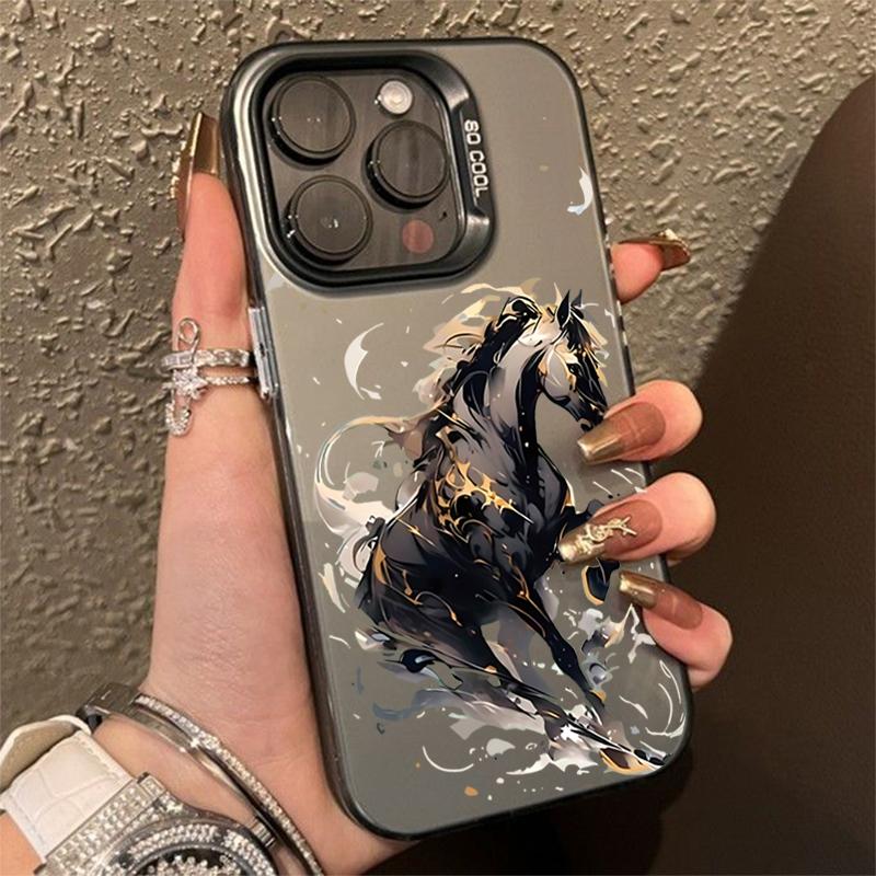 

Dynamic Black and Gold Galloping Horse Art Phone Case for iPhone 17 16 15 14 13 12 11 Series Pro Max Plus iphone 15 Pro