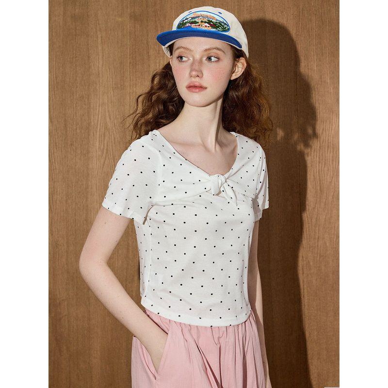 Coolhut2025 Summer Polka Dot Bow Tie Slim Short-Sleeved Retro Elegant Women's T-Shirt